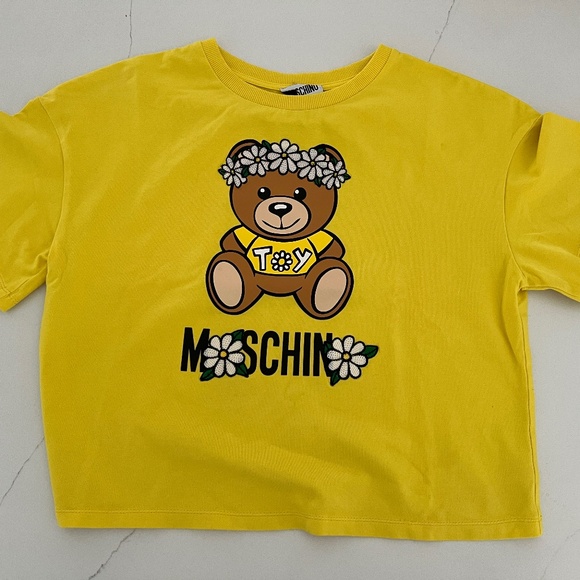 MOSCHINO Teen Yellow Bear Short Sleeve Oversized Tee Shirt Embroidered Flowers